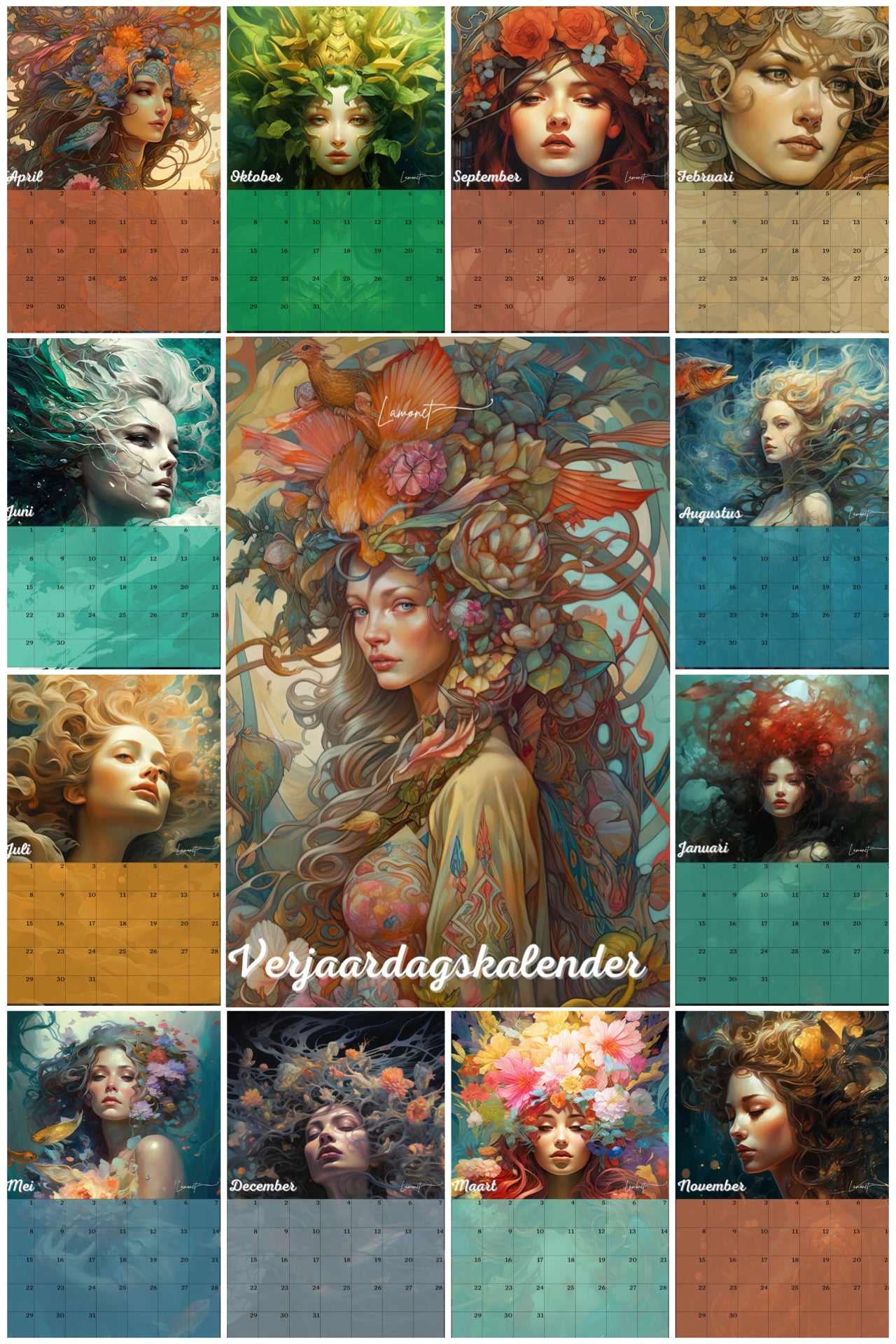 Verjaardagskalender Mythische vrouwen gezichten